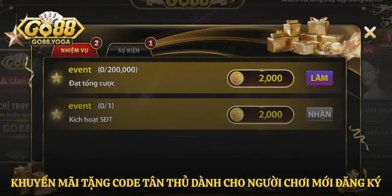 Khuyến mãi tặng code tân thủ dành cho người chơi mới đăng ký